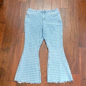 Cato Super Hi-Rise Blue Checkered Flare Jeans with Raw Hem size 14